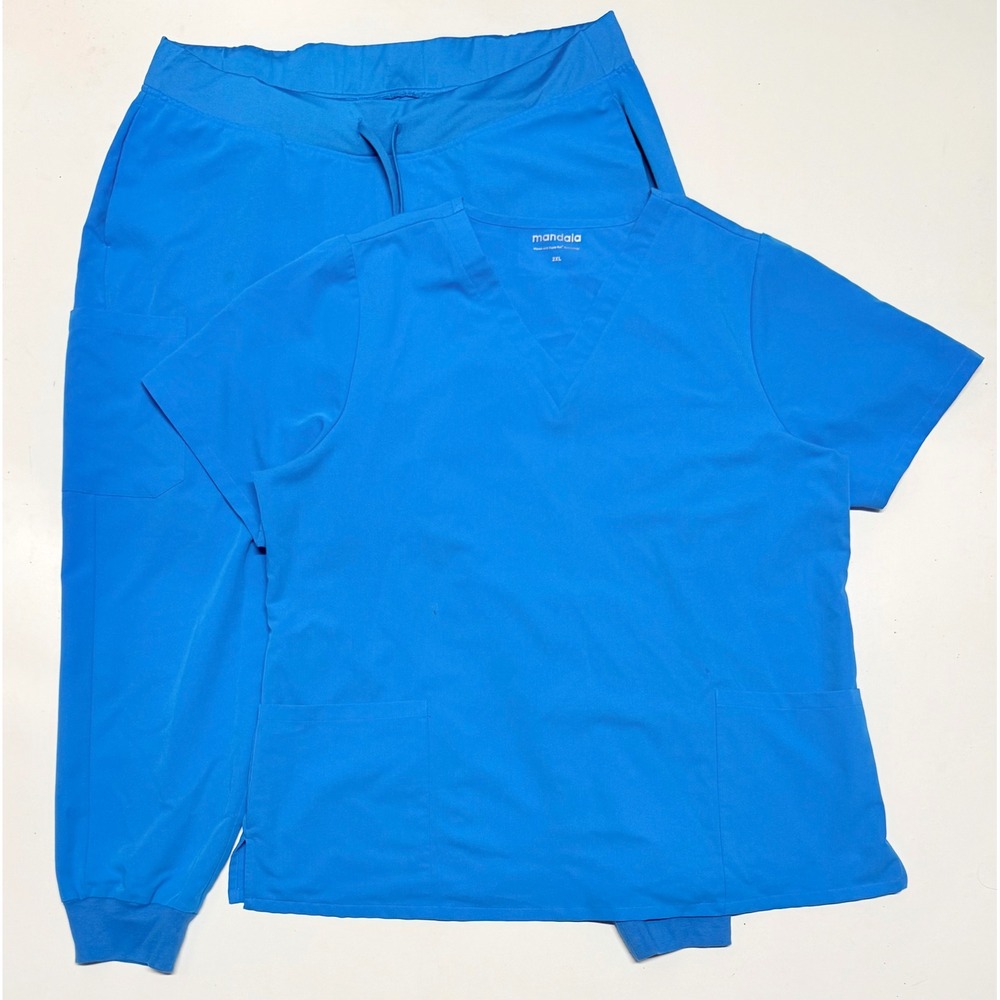 Mandala Women's V-Neck Scrub Set in Bright Blue